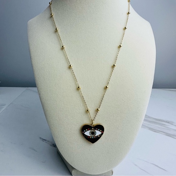 Gold Plated Stainless Steel Beaded Ball Necklace Evil Eye Heart Enamel Pendant - Picture 1 of 6